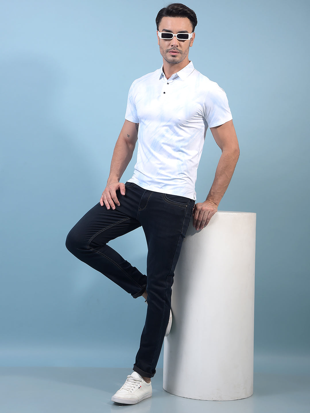 Men's Blue Printed Polo Neck T-Shirt-Men T-Shirts-Crimsoune Club