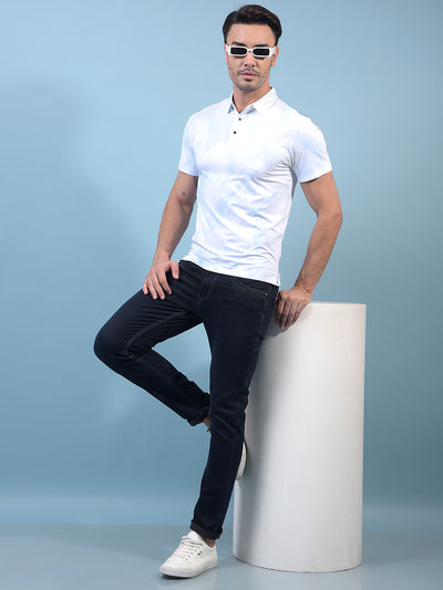 Men's Blue Printed Polo Neck T-Shirt-Men T-Shirts-Crimsoune Club