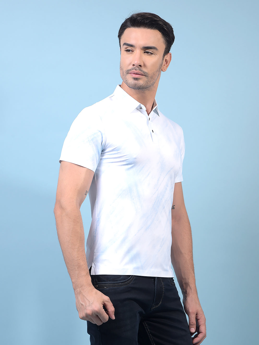Men's Blue Printed Polo Neck T-Shirt-Men T-Shirts-Crimsoune Club