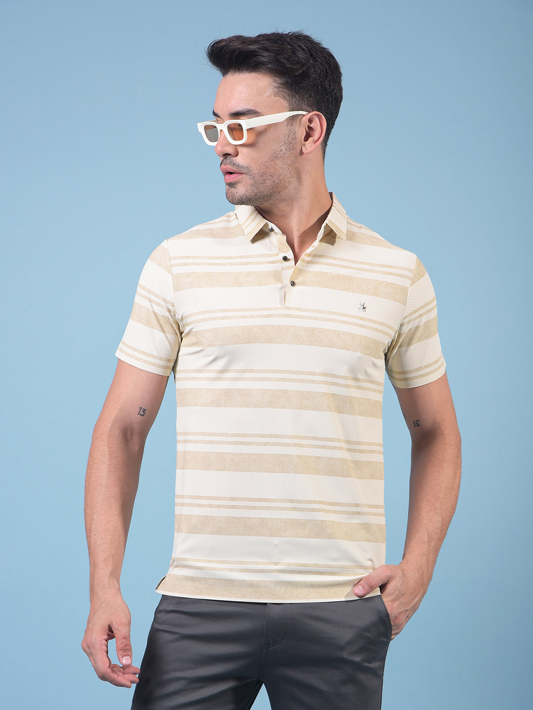 Beige Horizontal Stripes Polo Neck T-Shirt-Men T-Shirts-Crimsoune Club