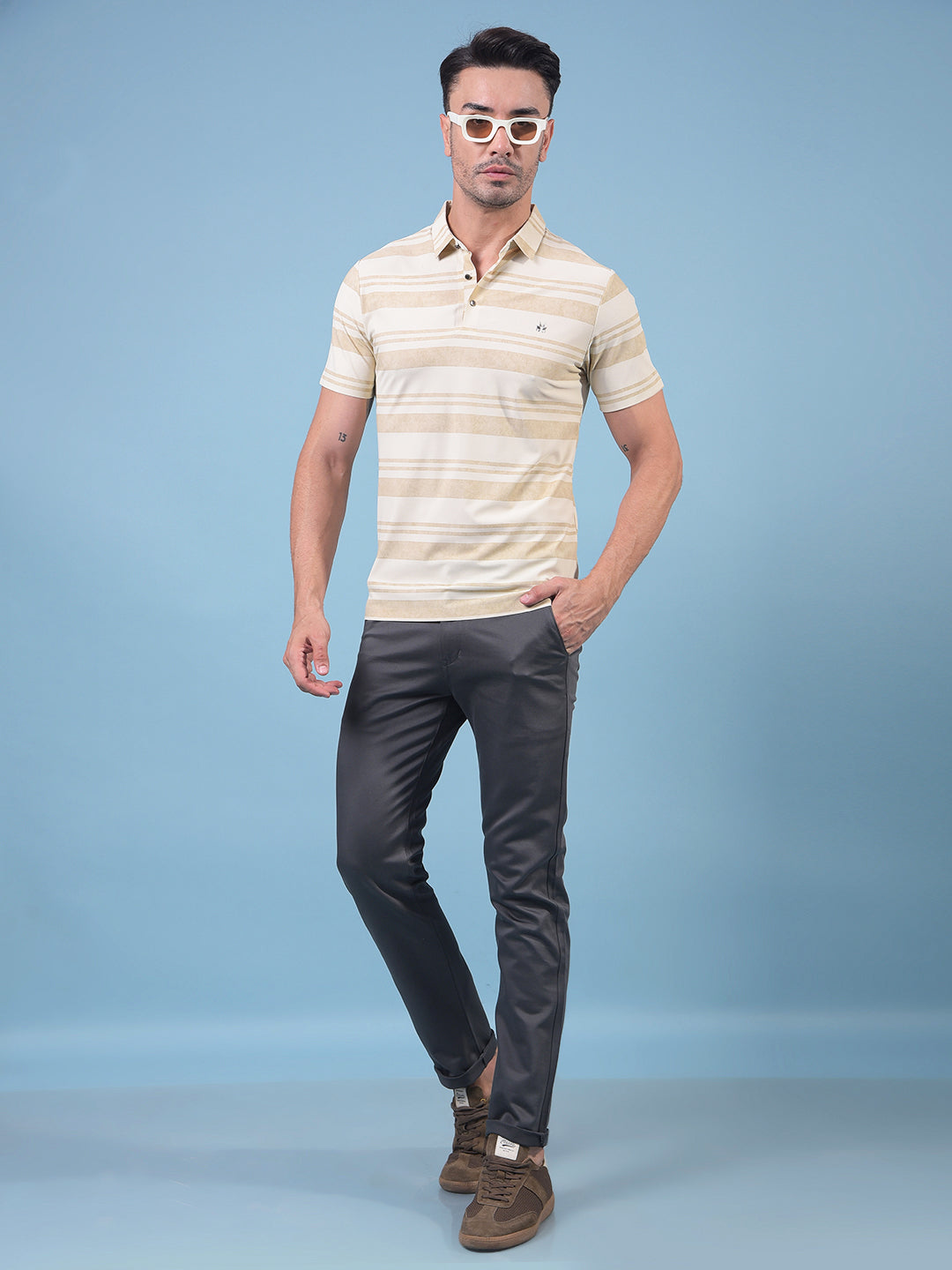 Beige Horizontal Stripes Polo Neck T-Shirt-Men T-Shirts-Crimsoune Club