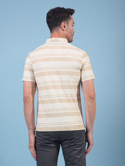 Beige Horizontal Stripes Polo Neck T-Shirt-Men T-Shirts-Crimsoune Club