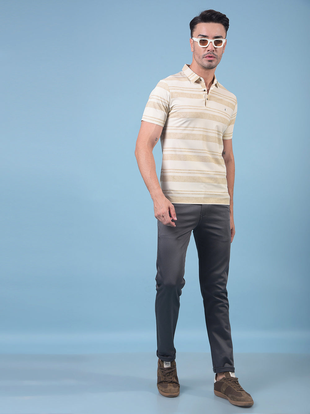 Beige Horizontal Stripes Polo Neck T-Shirt-Men T-Shirts-Crimsoune Club
