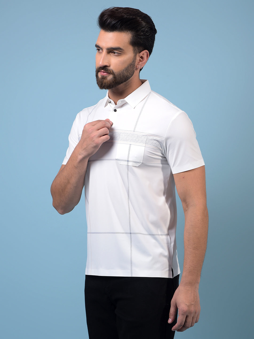 Men's White Printed Polo Neck T-Shirt-Men T-Shirts-Crimsoune Club