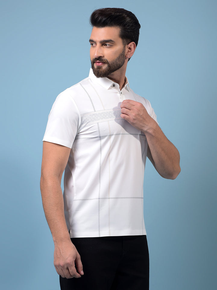 Men's White Printed Polo Neck T-Shirt-Men T-Shirts-Crimsoune Club