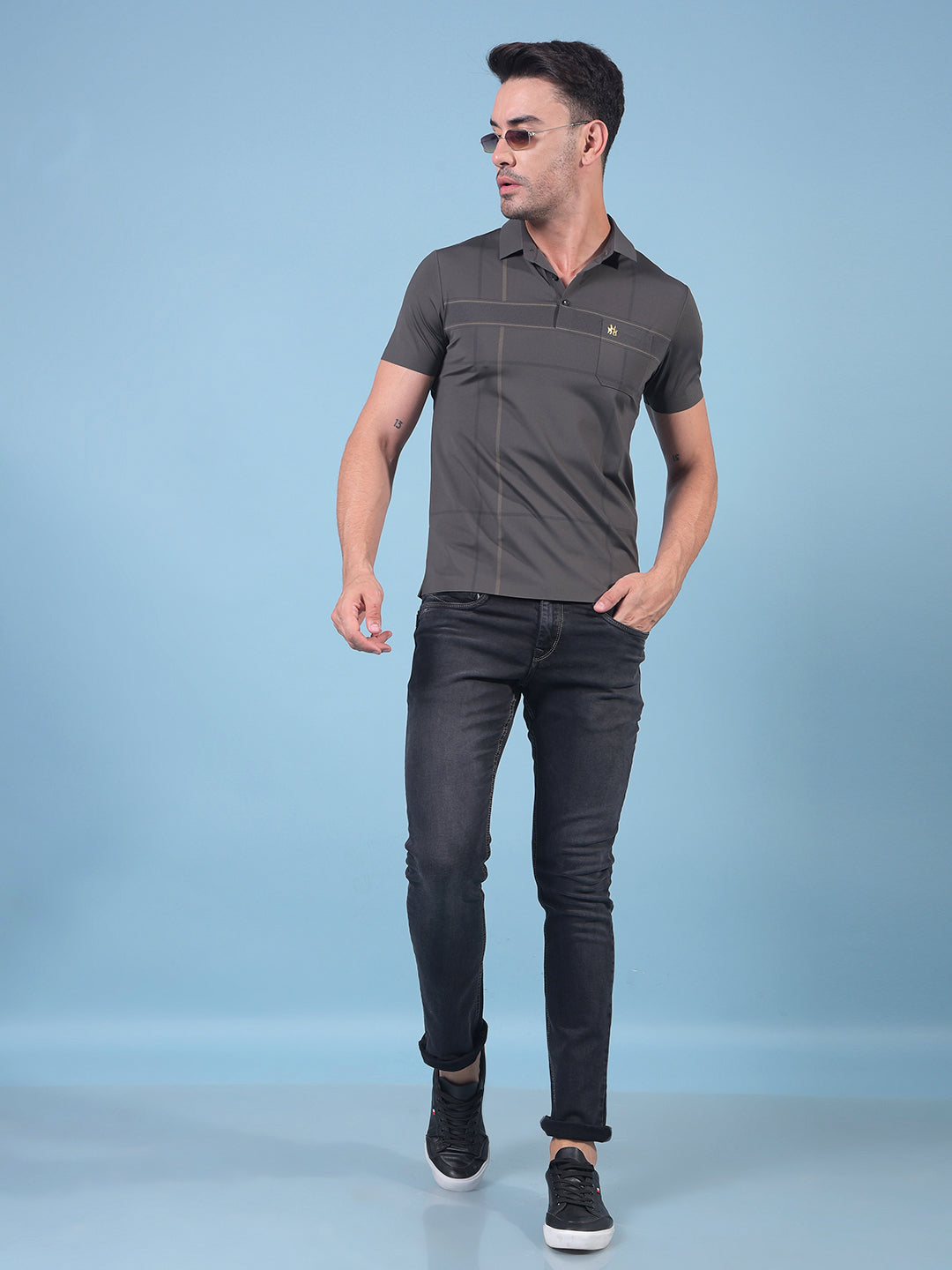 Grey Printed Polo Neck T-Shirt-Men T-Shirts-Crimsoune Club