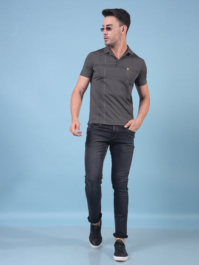 Grey Printed Polo Neck T-Shirt-Men T-Shirts-Crimsoune Club
