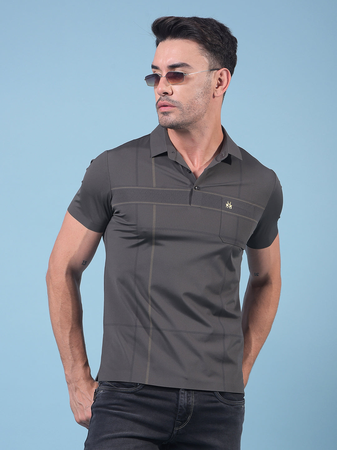Grey Printed Polo Neck T-Shirt-Men T-Shirts-Crimsoune Club