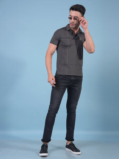 Grey Printed Polo Neck T-Shirt-Men T-Shirts-Crimsoune Club