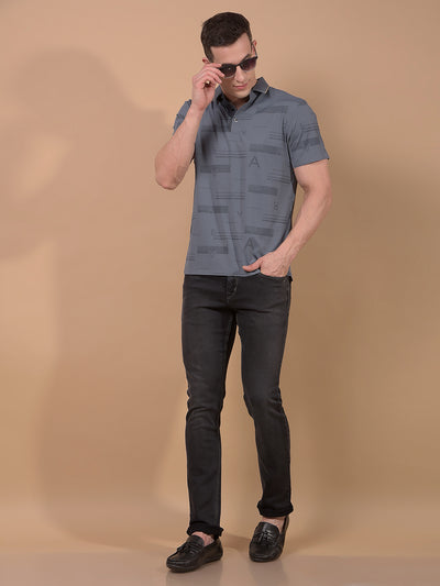 Grey Typographic Print Polo Neck T-Shirt-Men T-Shirts-Crimsoune Club