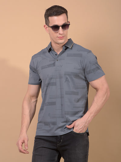 Grey Typographic Print Polo Neck T-Shirt-Men T-Shirts-Crimsoune Club