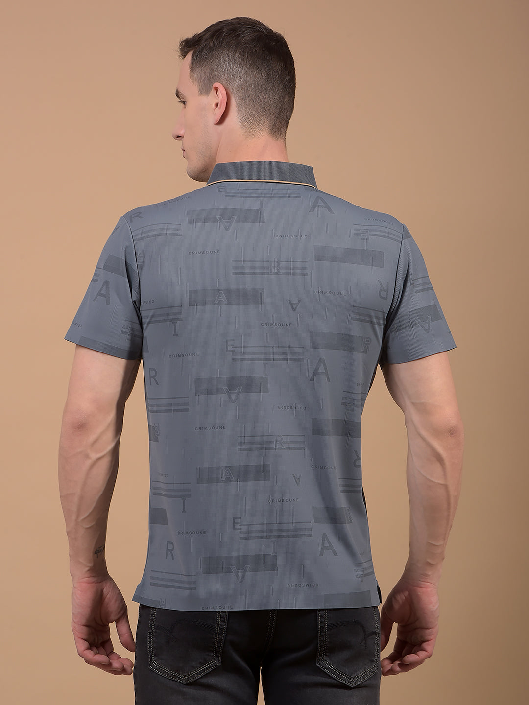 Grey Typographic Print Polo Neck T-Shirt-Men T-Shirts-Crimsoune Club