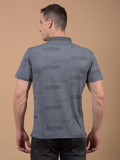 Grey Typographic Print Polo Neck T-Shirt-Men T-Shirts-Crimsoune Club