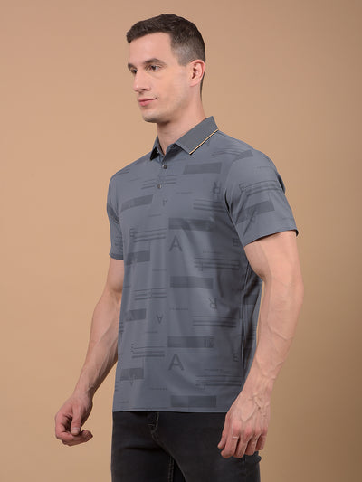 Grey Typographic Print Polo Neck T-Shirt-Men T-Shirts-Crimsoune Club