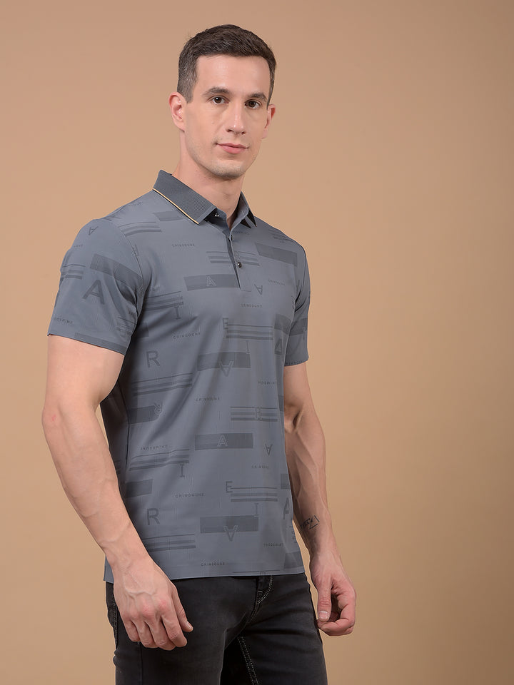 Grey Typographic Print Polo Neck T-Shirt-Men T-Shirts-Crimsoune Club