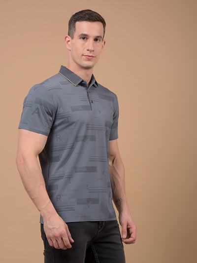 Grey Typographic Print Polo Neck T-Shirt-Men T-Shirts-Crimsoune Club