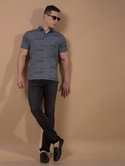 Grey Typographic Print Polo Neck T-Shirt-Men T-Shirts-Crimsoune Club