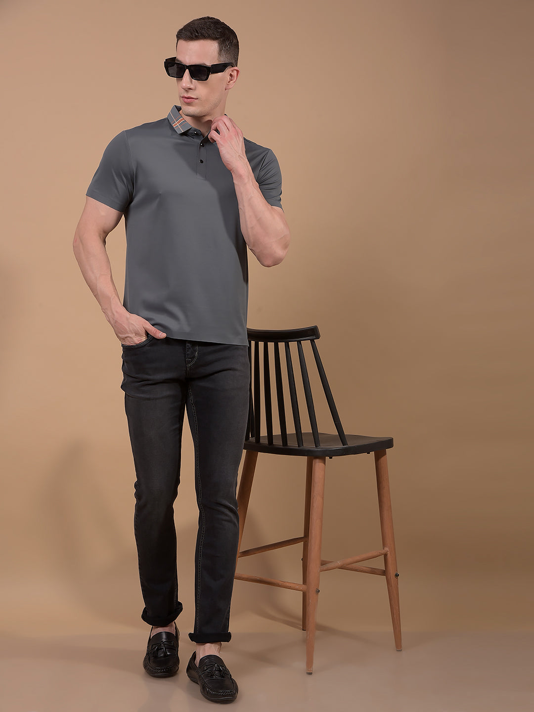Grey Polo Neck T-Shirt-Men T-Shirts-Crimsoune Club