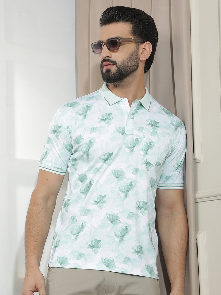 Green Floral Print 100% Cotton T-Shirt-Men T-Shirts-Crimsoune Club