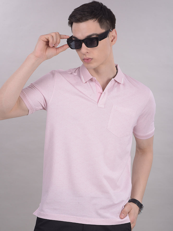 Pink Printed Polo Neck T-Shirt-Men T-Shirts-Crimsoune Club