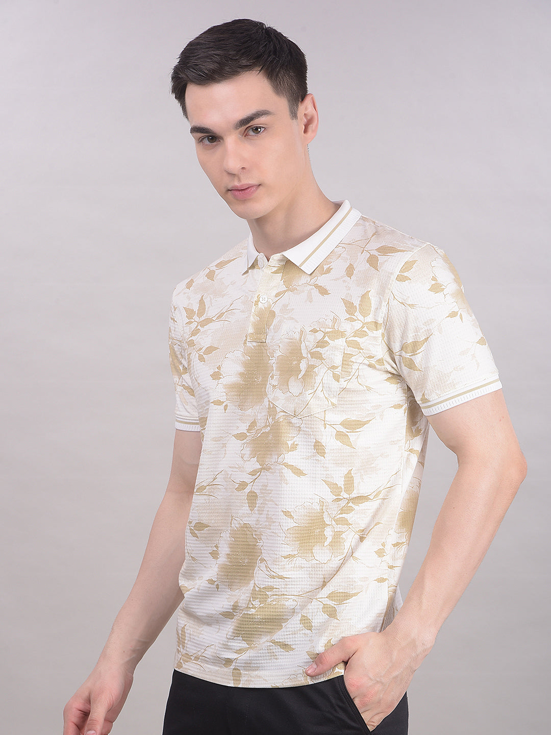 Tan Floral Print T-Shirt-Men T-Shirts-Crimsoune Club
