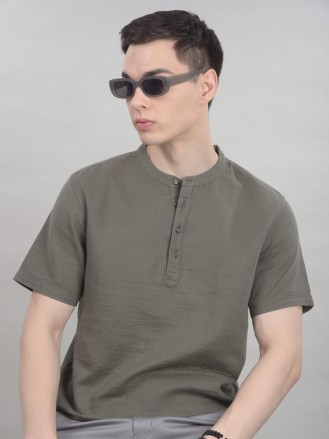Earthy Olive Green Linen Short Kurta-Men Kurtas-Crimsoune Club