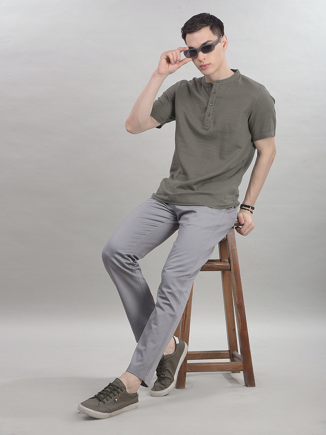 Earthy Olive Green Linen Short Kurta-Men Kurtas-Crimsoune Club
