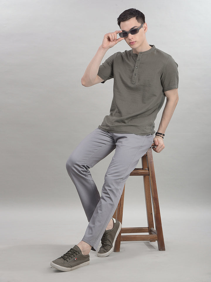 Earthy Olive Green Linen Short Kurta-Men Kurtas-Crimsoune Club