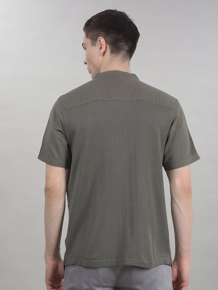 Earthy Olive Green Linen Short Kurta-Men Kurtas-Crimsoune Club