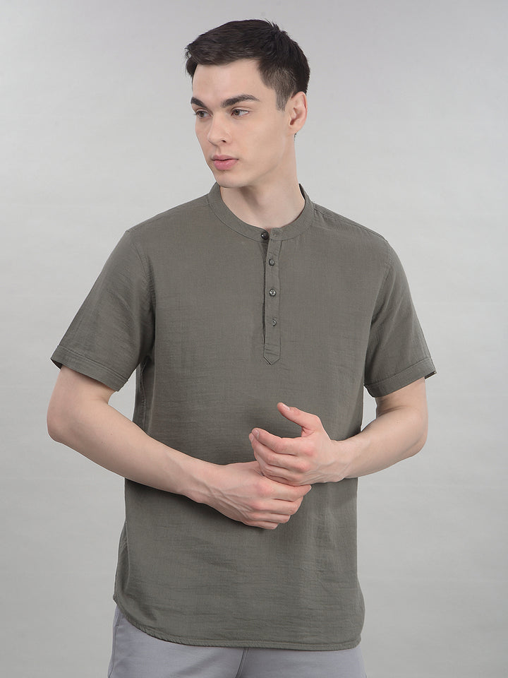 Earthy Olive Green Linen Short Kurta-Men Kurtas-Crimsoune Club