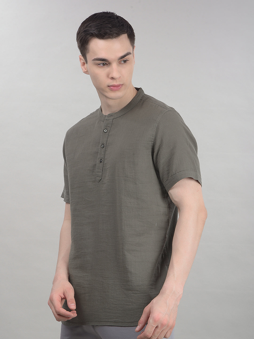 Earthy Olive Green Linen Short Kurta-Men Kurtas-Crimsoune Club