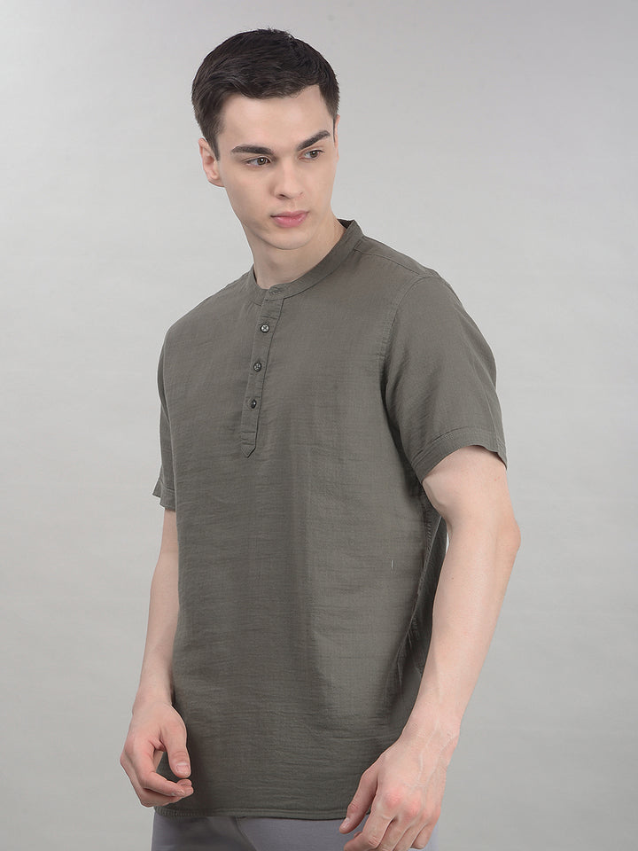 Earthy Olive Green Linen Short Kurta-Men Kurtas-Crimsoune Club
