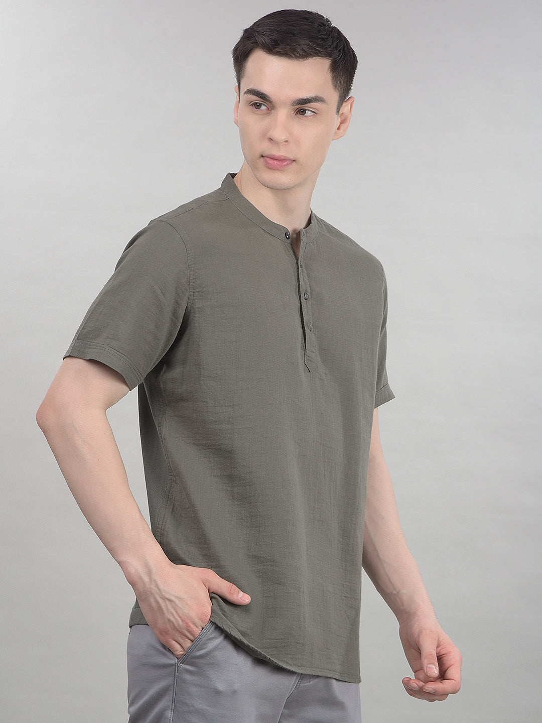 Earthy Olive Green Linen Short Kurta-Men Kurtas-Crimsoune Club