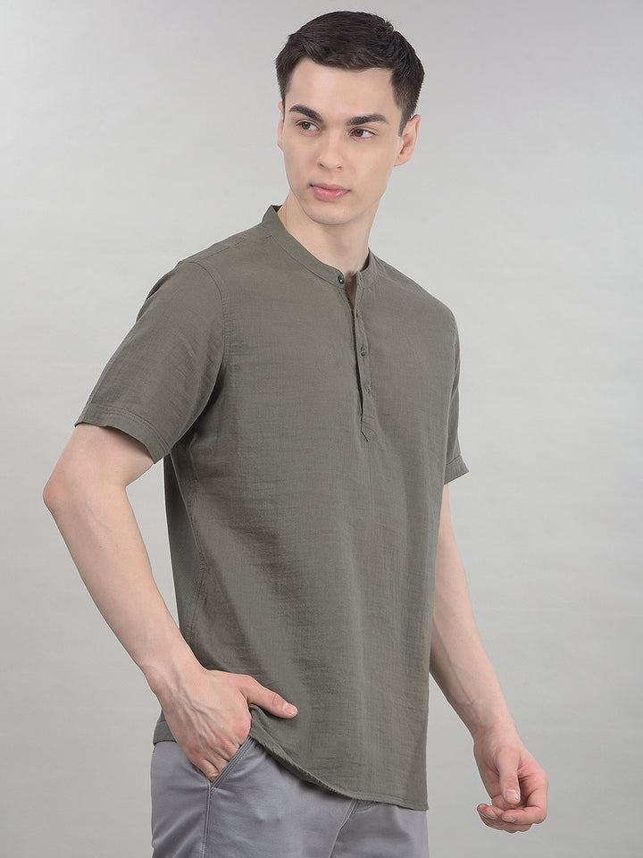 Earthy Olive Green Linen Short Kurta-Men Kurtas-Crimsoune Club