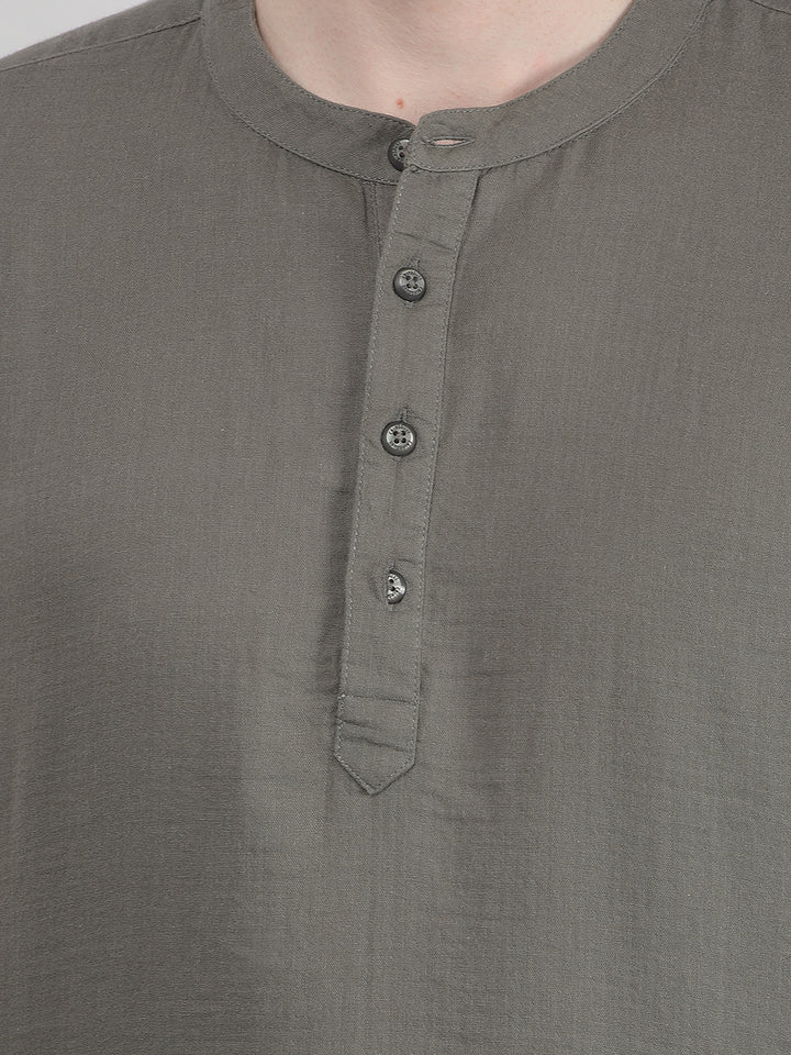Earthy Olive Green Linen Short Kurta-Men Kurtas-Crimsoune Club