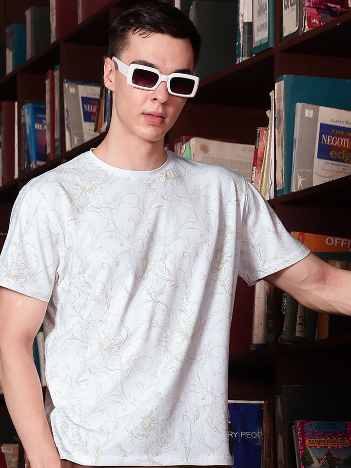 White Round Neck Floral Printed T-Shirt-Men T-Shirts-Crimsoune Club