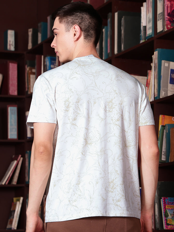 White Round Neck Floral Printed T-Shirt-Men T-Shirts-Crimsoune Club