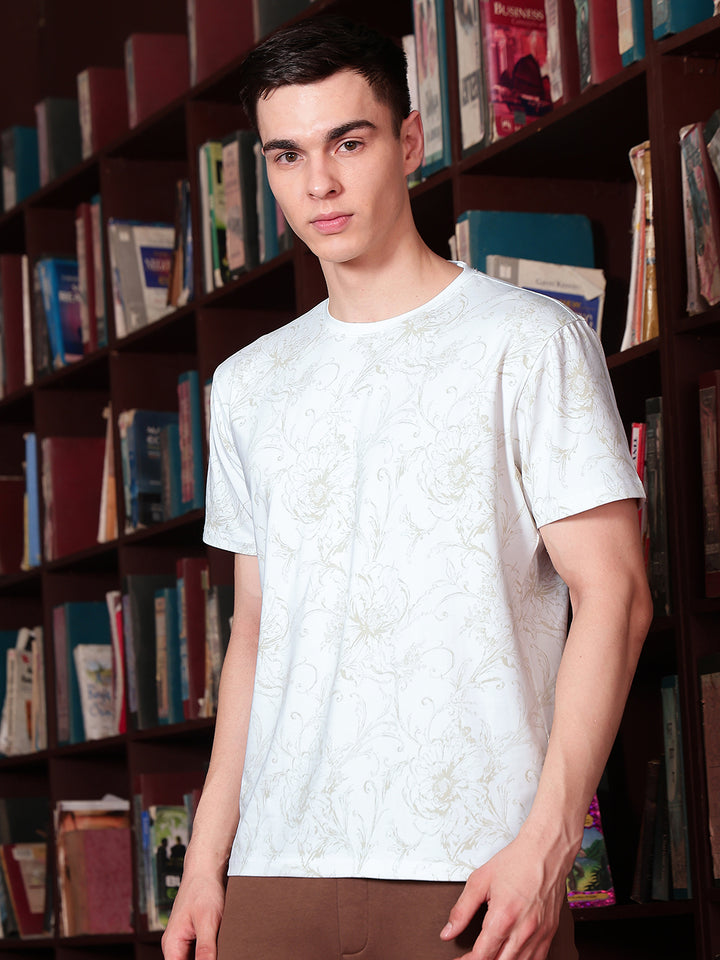 White Round Neck Floral Printed T-Shirt-Men T-Shirts-Crimsoune Club
