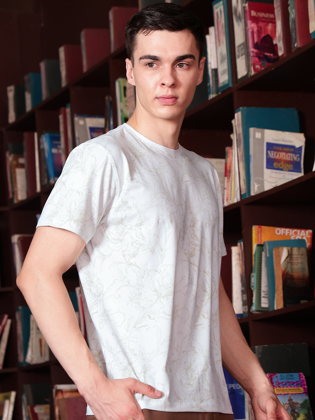 White Round Neck Floral Printed T-Shirt-Men T-Shirts-Crimsoune Club
