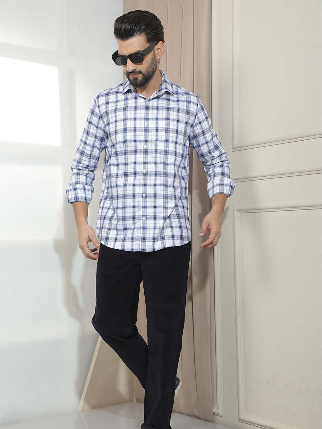 Blue Checked 100% Cotton Shirt-Men Shirts-Crimsoune Club