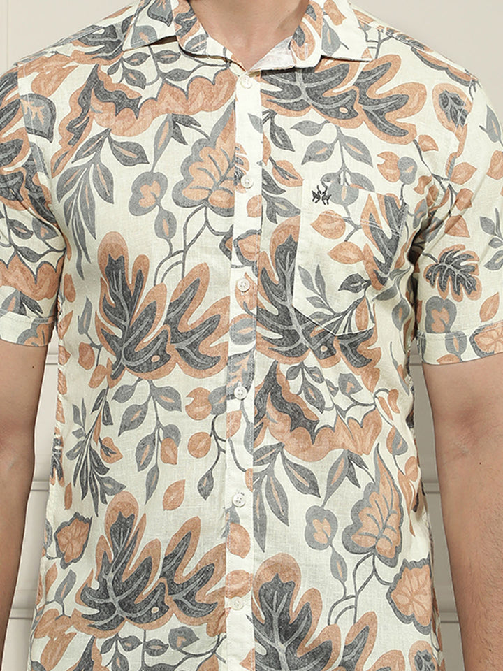 Orange Floral Print Linen Shirt-Men Shirts-Crimsoune Club