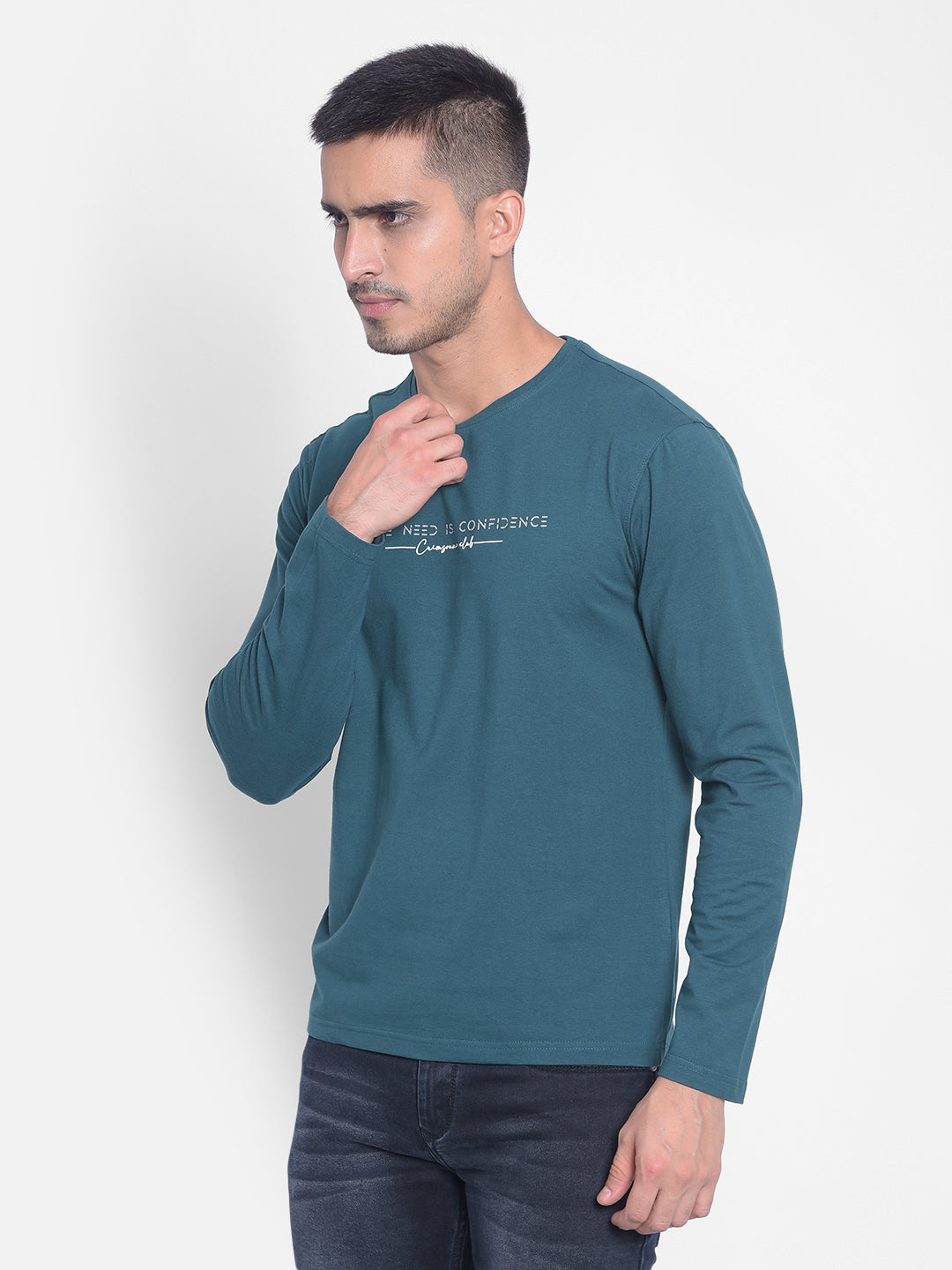 Green Printed Long Sleeved T-Shirt-Men T-Shirts-Crimsoune Club