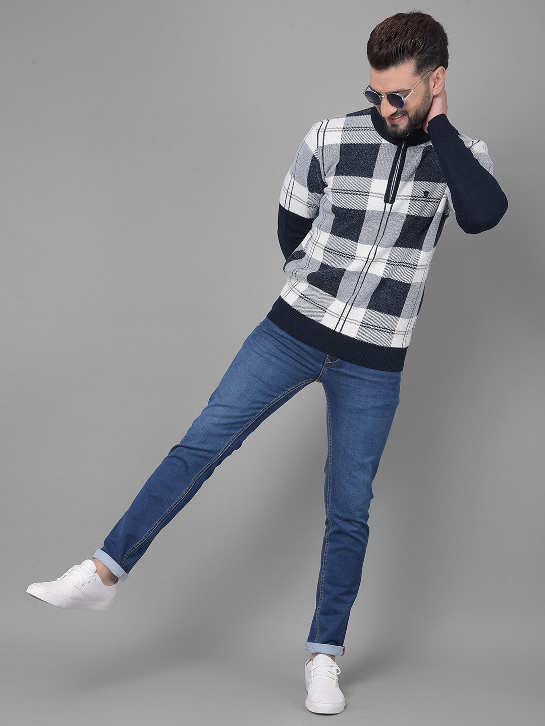 Navy Blue Checked Sweater-Men Sweaters-Crimsoune Club