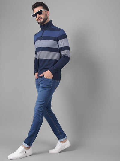 Navy Blue Striped Sweatshirt-Men Sweatshirts-Crimsoune Club