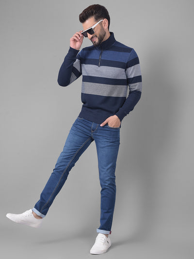 Navy Blue Striped Sweatshirt-Men Sweatshirts-Crimsoune Club