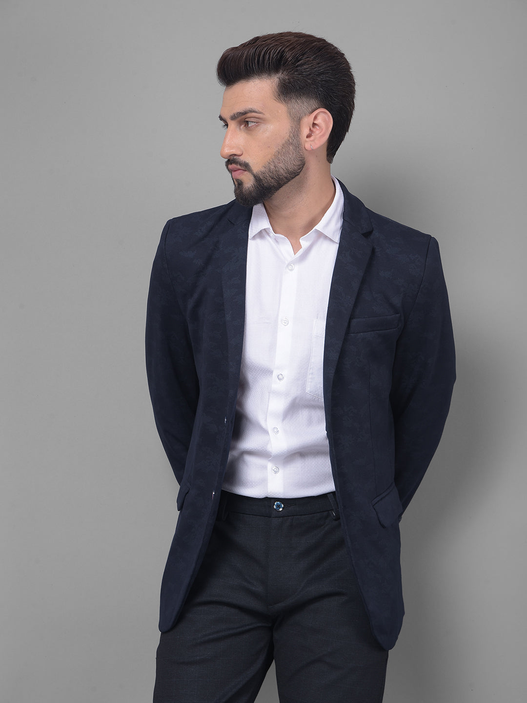 Navy Blue Camouflage Blazer-Men Blazers-Crimsoune Club