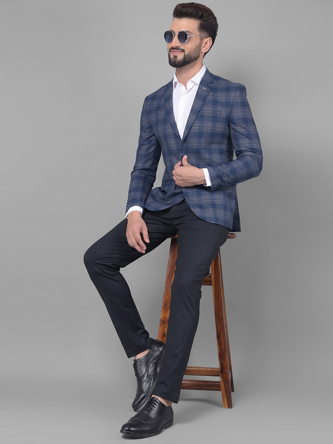 Navy Blue Checked Blazer-Men Blazers-Crimsoune Club