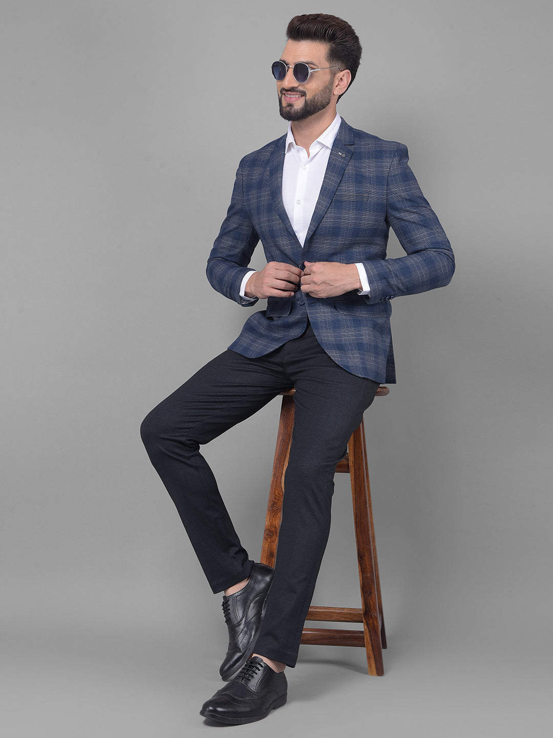 Navy Blue Checked Blazer-Men Blazers-Crimsoune Club