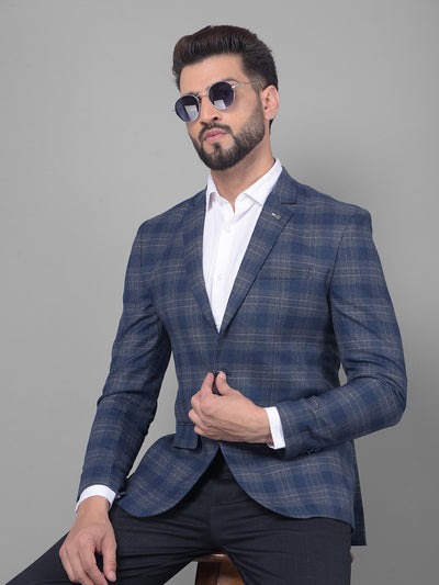 Navy Blue Checked Blazer-Men Blazers-Crimsoune Club