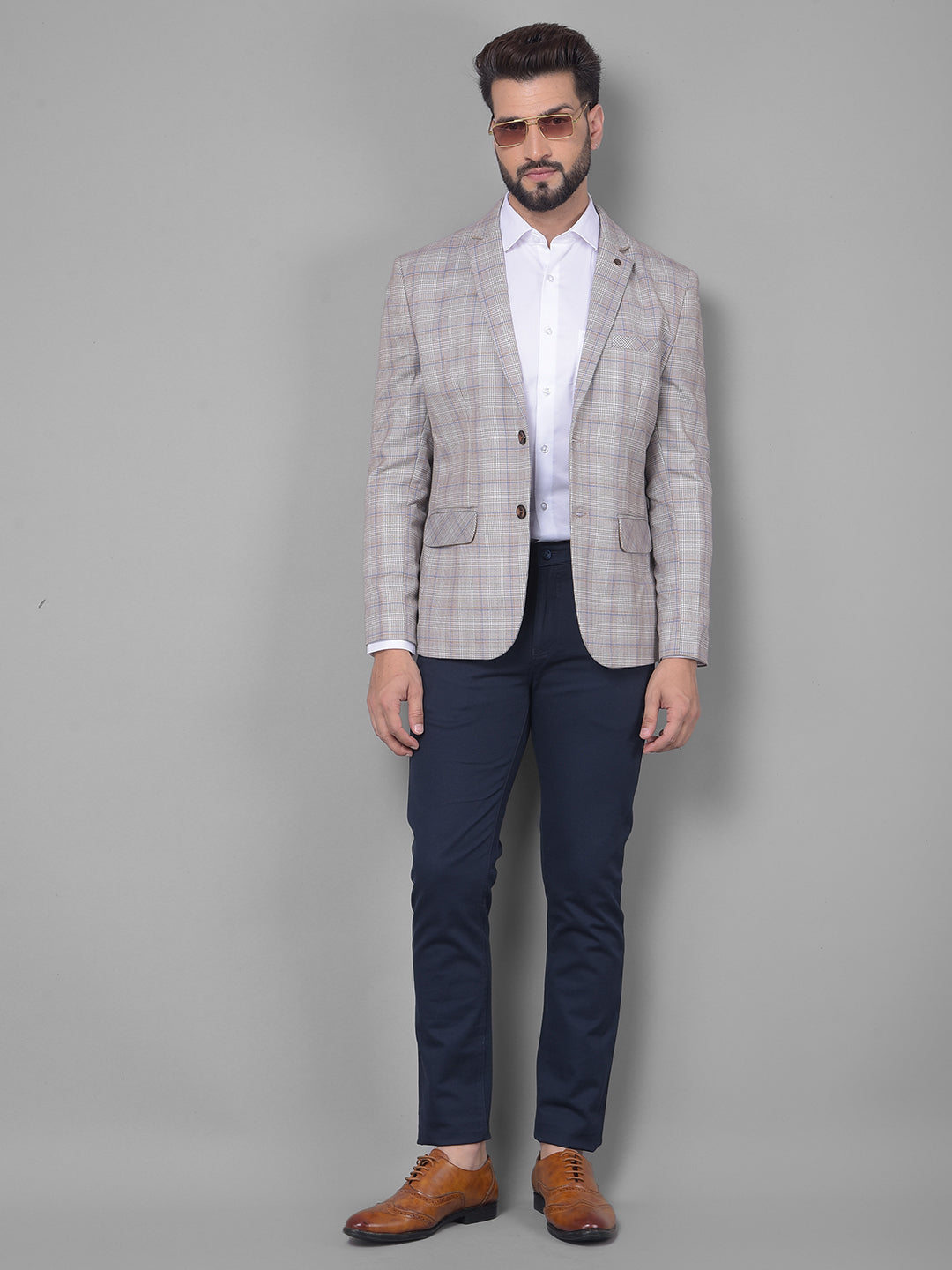 Beige Checked Blazer-Men Blazers-Crimsoune Club